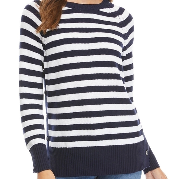 Kim Rogers Sweaters - NWT Nautical sweater navy blue and white long sleeve side button XL